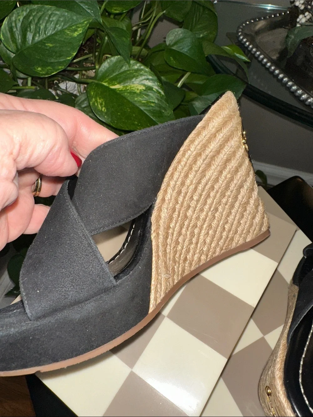 Tory Burch Bailey Black Lancaster Suede  Leather Espadrille Wedge NWOT size 7 🖤